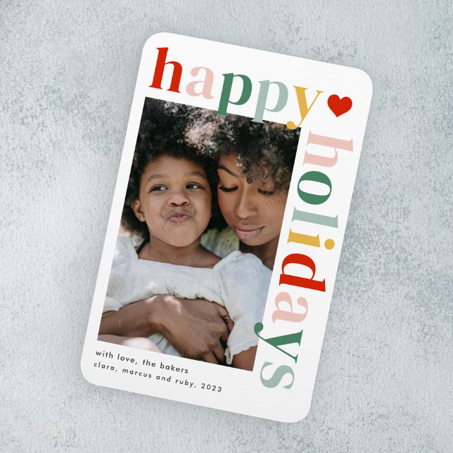 Ímã Foto de feriados felizes coloridos modernos (Modern colorful typography happy holidays photo holiday card magnet.)