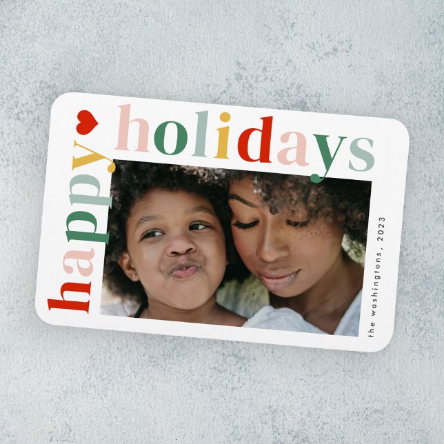 Ímã Foto de feriados felizes coloridos modernos (Modern colorful typography happy holidays photo holiday card magnet.)