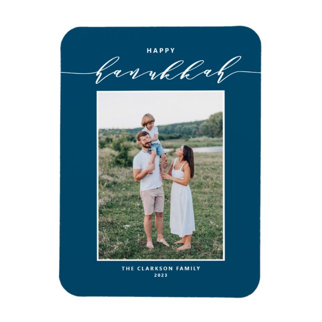 Ímã Foto de Hanukkah Feliz Azul de Script Moderno (Vertical)