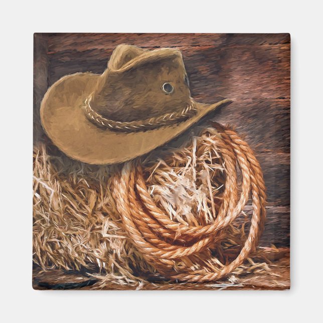 Imã Foto de Hat Rope Hay do Rustic Cowboy (Frente)