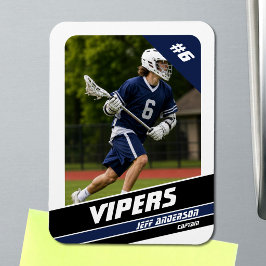 Ímã Foto de jogador de lacrosse azul branco vigoroso