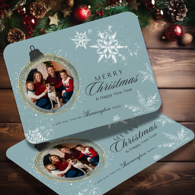 Ímã Foto de Natal da Família de Ornamento Azul Floco d (Criador carregado)