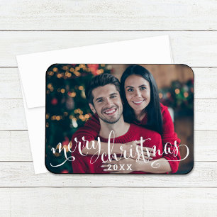 Ímã Foto de Natal Feliz com Letra Branca Moderna