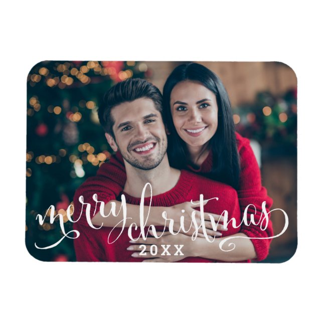 Ímã Foto de Natal Feliz com Letra Branca Moderna (Horizontal)