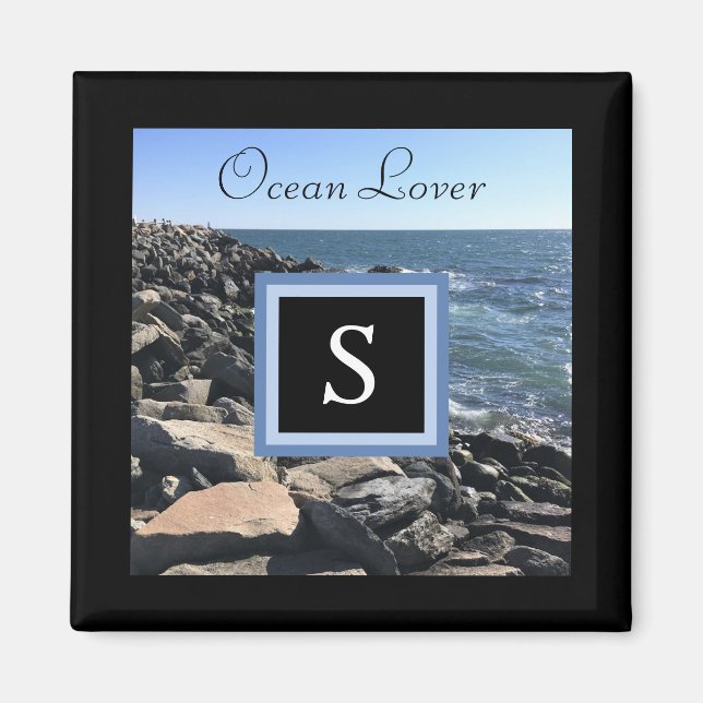 Imã Foto de Ondas do Mar e Rochas Frame Inicial Preto  (Frente)