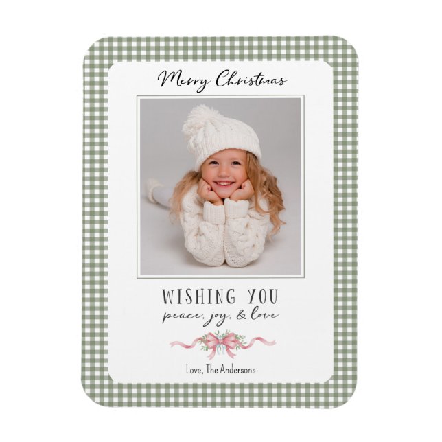 Ímã Foto de pré-filmagem de Xadrez Gingham Verde e Bon (Vertical)