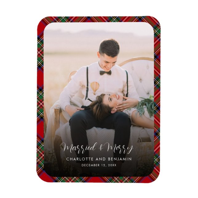 Ímã Foto de recém-casados e Feliz Natal Tartan (Vertical)