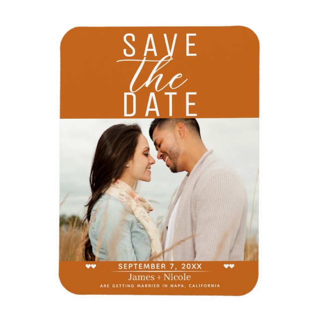 Ímã Foto do casamento de salvar a data com laranja tem (Vertical)
