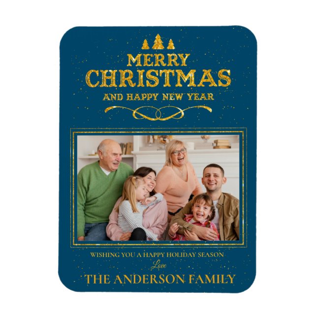 Ímã Foto do Feliz ano novo de Natal Dourado Azul (Vertical)
