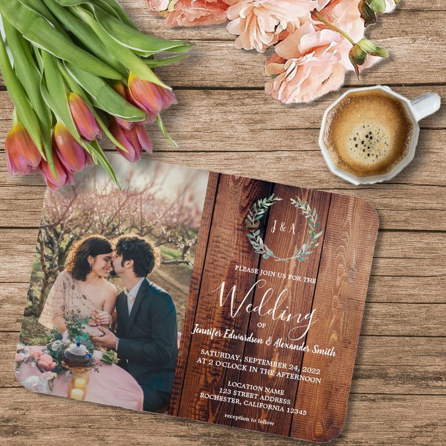 Ímã Foto do monograma de folhas russas Casamento (Rustic wood, watercolor leaves, monogrammed photo wedding magnetic invitation,)