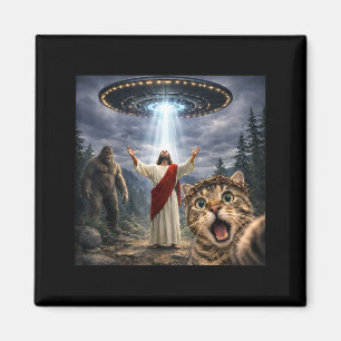 Imã Foto engraçada de gato com bigfoot ufo e jesus pás