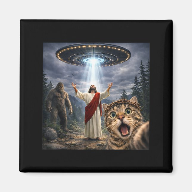 Imã Foto engraçada de gato com bigfoot ufo e jesus pás (Frente)