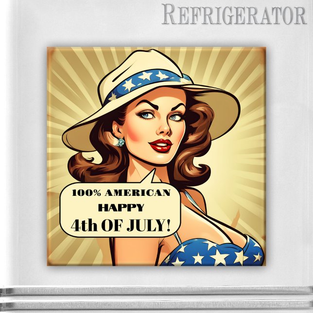 Imã Foto engraçada Pin-up 4 de julho Magnet (4th of July magnet featuring a funny retro cartoon illustration of a pin-up girl with cowboy hat)