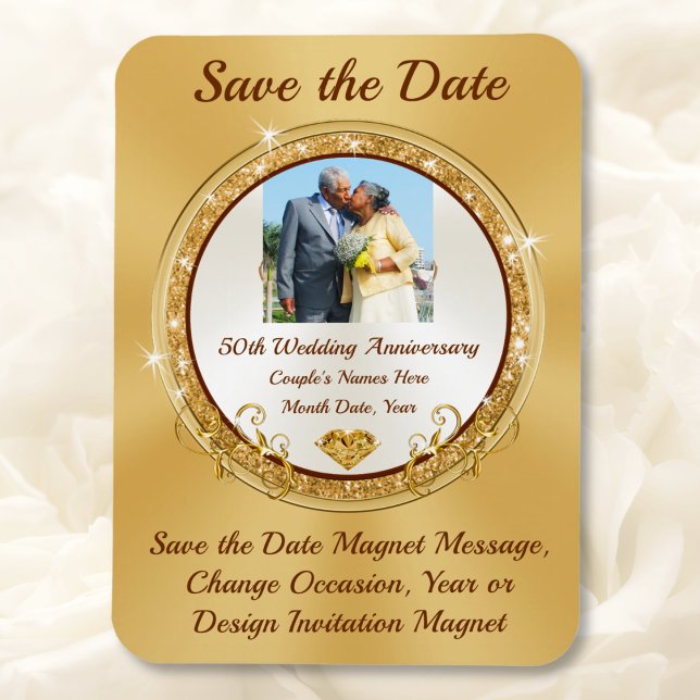 Ímã Foto Personalizada, 50º Aniversário Salve a Data (Golden wedding anniversary ideas. 50th anniversary save the date magnets. Save the Date with Picture)
