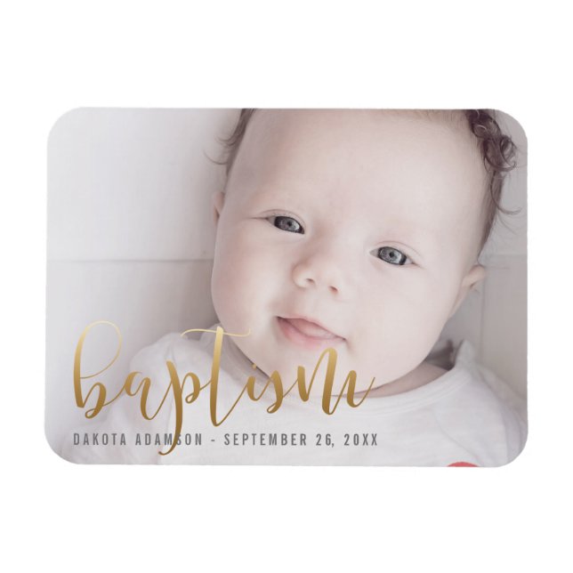 Ímã Foto personalizada | Caligrafia Dourada batismo (Horizontal)