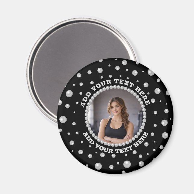 Imã Foto Personalizada com Círculo de Pérolas em Preto (Front/Back)