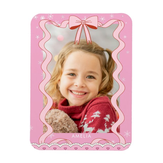 Ímã Foto Personalizada com Fita Rosa Pastel Moderna (Vertical)