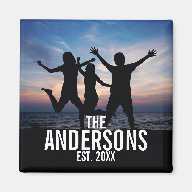 Imã Foto personalizada da família com nome da família (Frente)