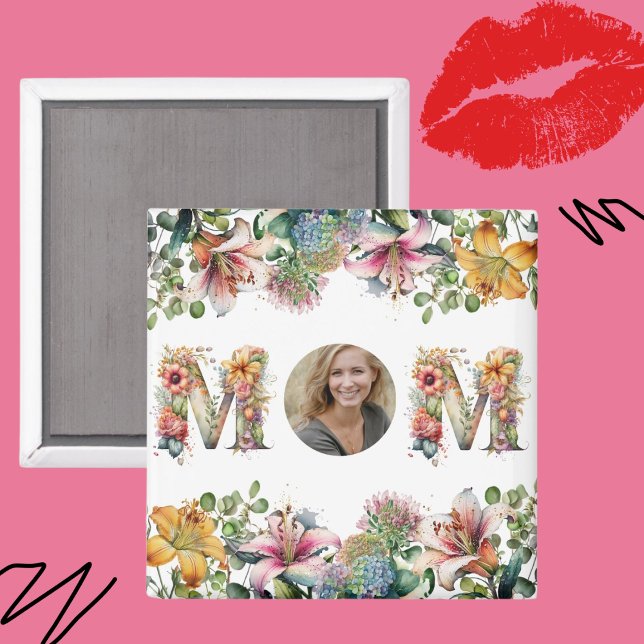 Imã Foto personalizada de flor de Dia de as mães MOM (Personalised MOM Mothers Day flower Photo Magnet)