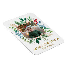 Ímã Foto Personalizada Feliz Natal Aquarela Botânica 