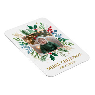 Ímã Foto Personalizada Feliz Natal Aquarela Botânica