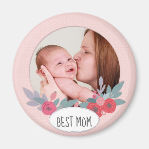 Imã Foto Personalizada Floral bonito Rosa, Melhor Mãe