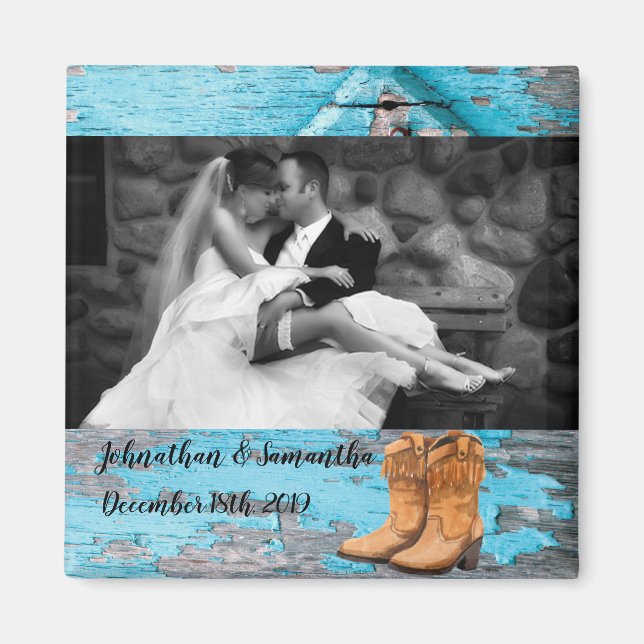 Imã Foto personalizada Magnet Blue Wood Barn Door Boot (Frente)