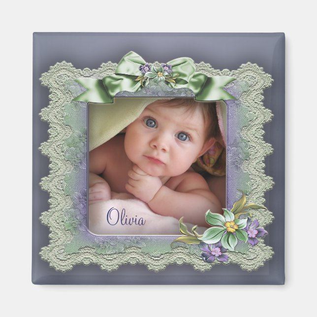Imã Foto Roxo Lace Foto Frame Baby Girl Magnets (Frente)