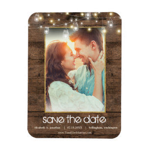 Ímã Foto Rustic Mason Jar String Luzes Salvem A Data