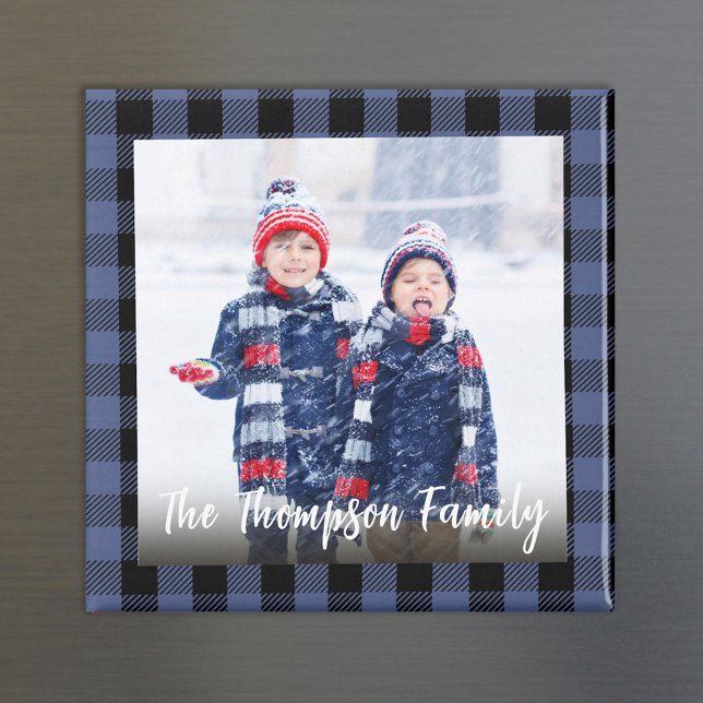 Imã Foto Simples de Natal com Caligrafia Fofa em Xadre (Simple photo magnet with editable buffalo check pattern. )