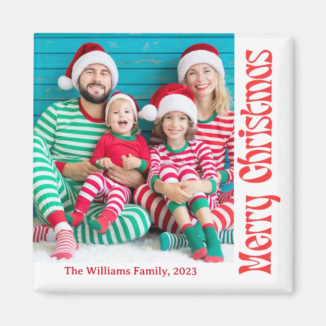 Imã fotografia de caligrafia vermelha de natal feliz (Frente)