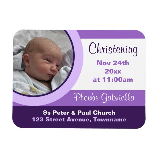 Ímã Fotografia Roxa Christening/Baptism Magnet Invitat (Horizontal)
