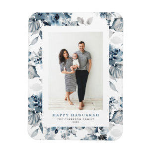 Ímã Fotos de Flores Azuis em Aquarela Feliz Hanukkah