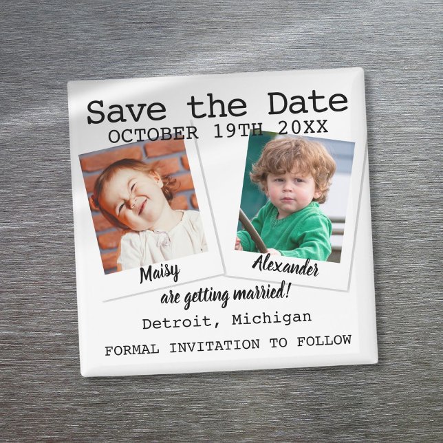 Imã Fotos Infantis Divertidas Modernas Salvar Data de  (Modern Fun Childhood Photos Wedding Save The Date Magnet)