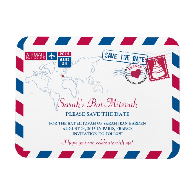 Ímã FRANCE Air Mail Bat Mitzvah Salvar Data 3x4 (Horizontal)