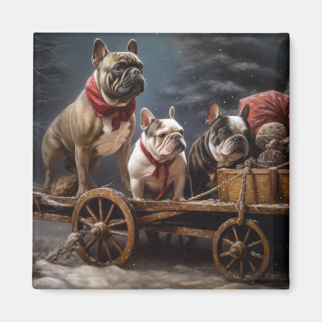 Imã Francês Bulldog Snowy Sleigh Decência de Natal (Frente)