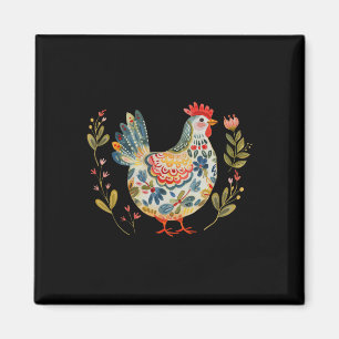 Imã Frango Boho Flor Arte Folclórica Floral Fazendeiro