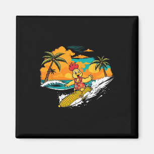 Imã Frango Retro Surfando Milho Arte Tropical Havaiana
