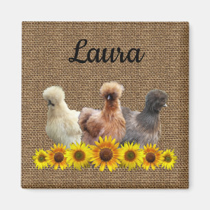 Imã Frango Seu Nome Silkie Sunflower Burlap