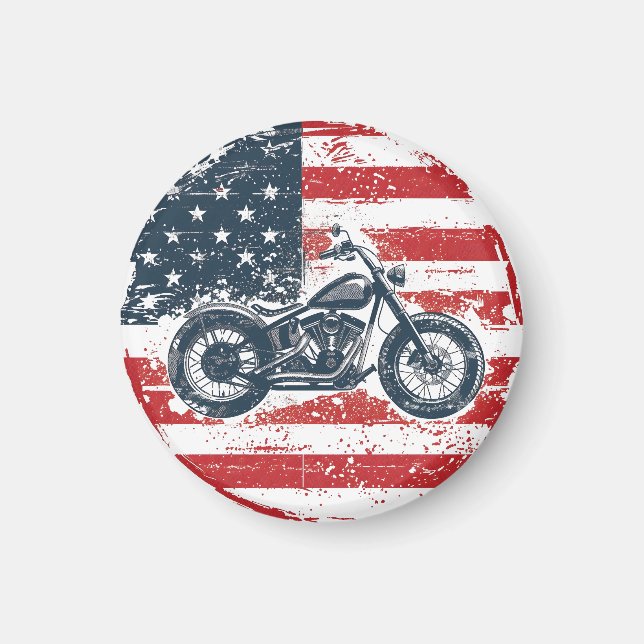 Imã Freedom Ride: Retro Motorcycle and American Flag (Frente)