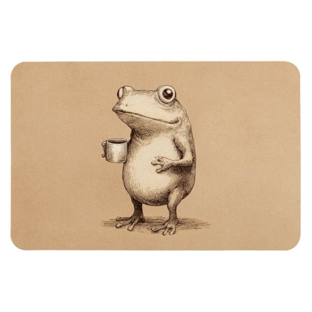 Ímã Frog with Coffee – Whimsical Vintage Animal (Horizontal)