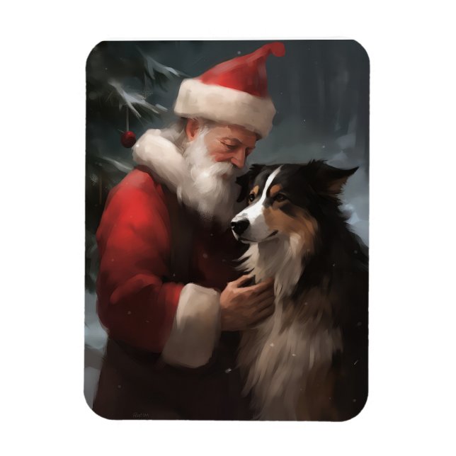 Ímã Fronteira Collie com Papai Noel Natal Festivo (Vertical)