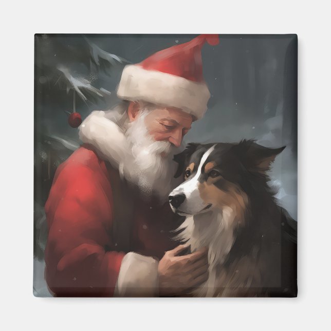 Imã Fronteira Collie com Papai Noel Natal Festivo (Frente)