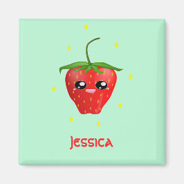 Imã Fruta de morango monograma kawaii em turquesa