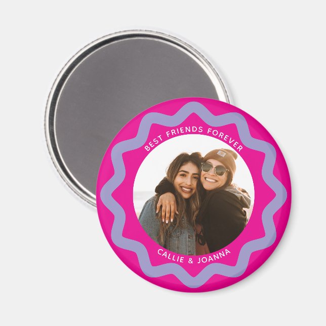 Imã Fuchsia Lilac Wavy Circle Photo Frame with Text (Front/Back)