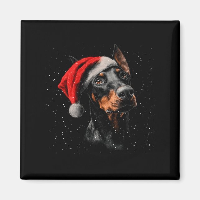 Imã Fun Doberman Dog Christmas Lights Santa Hat Long S (Frente)
