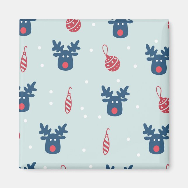 Imã Fundo Azul com Rudolph e Bolas de Natal (Frente)