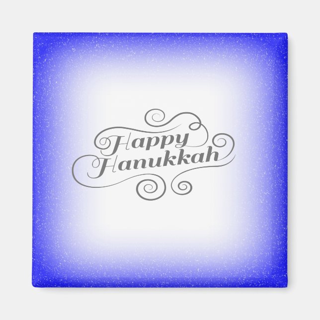 Imã Fundo Branco Azul de 2 tons Feliz Hanukkah (Frente)
