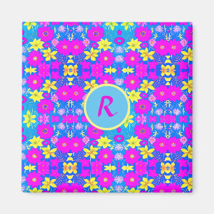 Imã Fundo com padrão de flores rosa azul amarelo adici