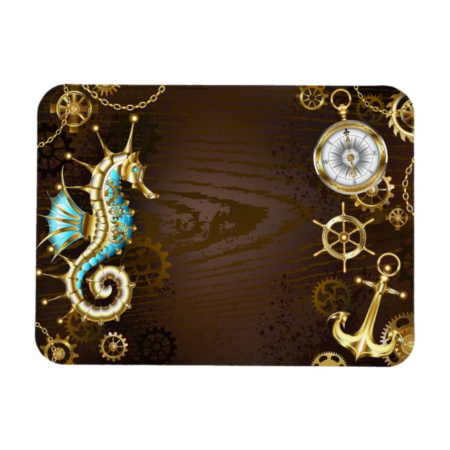 Ímã Fundo de madeira com cavalo de mar mecânico (Horizontal)